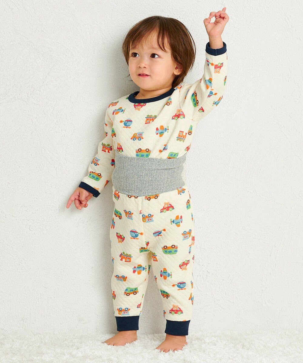 MIKI HOUSE HOT BISCUITS 【80-120cm】 あったかキルト素材 乗り物柄 腹巻き付き長袖パジャマ 