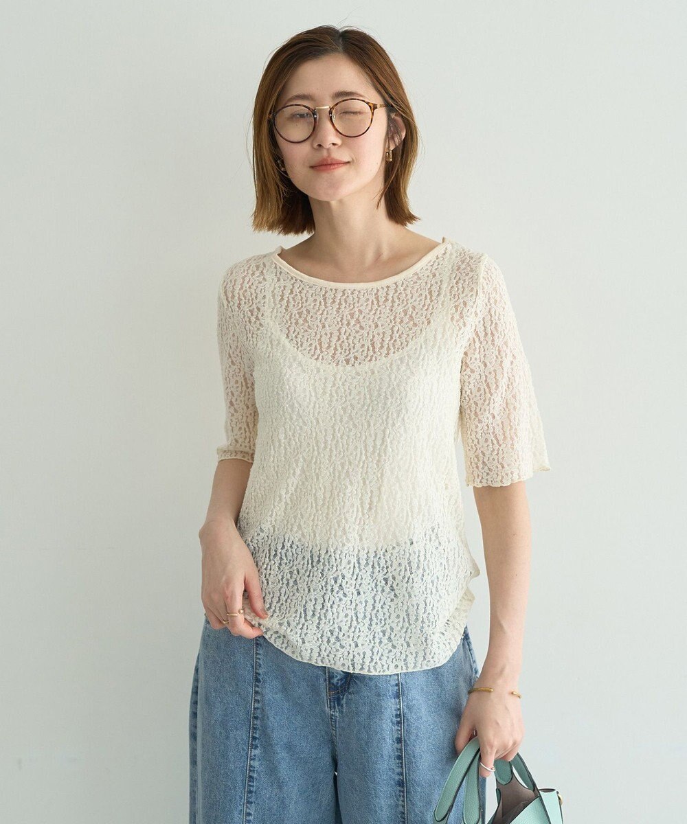 YECCA VECCA 5分袖レースシアートップス 