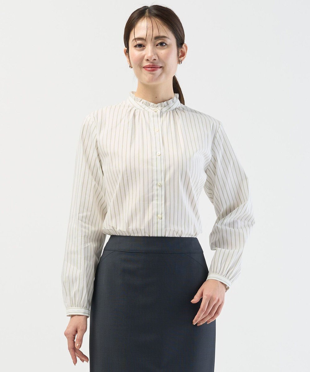 J.PRESS LADIES L BEZコットンナイロン ストライプ フリル襟 ブラウス 