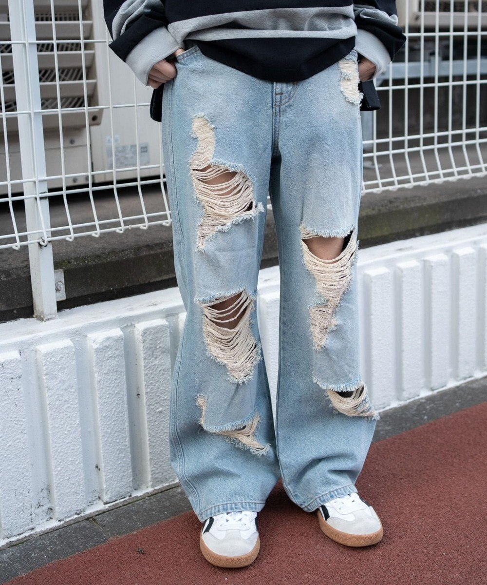 WEGO ダメージストレートデニムパンツ 
