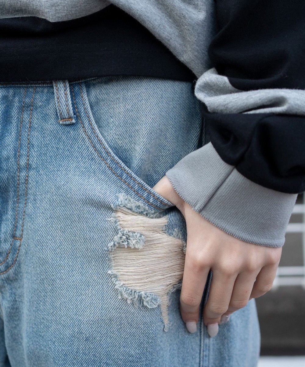 WEGO ダメージストレートデニムパンツ 