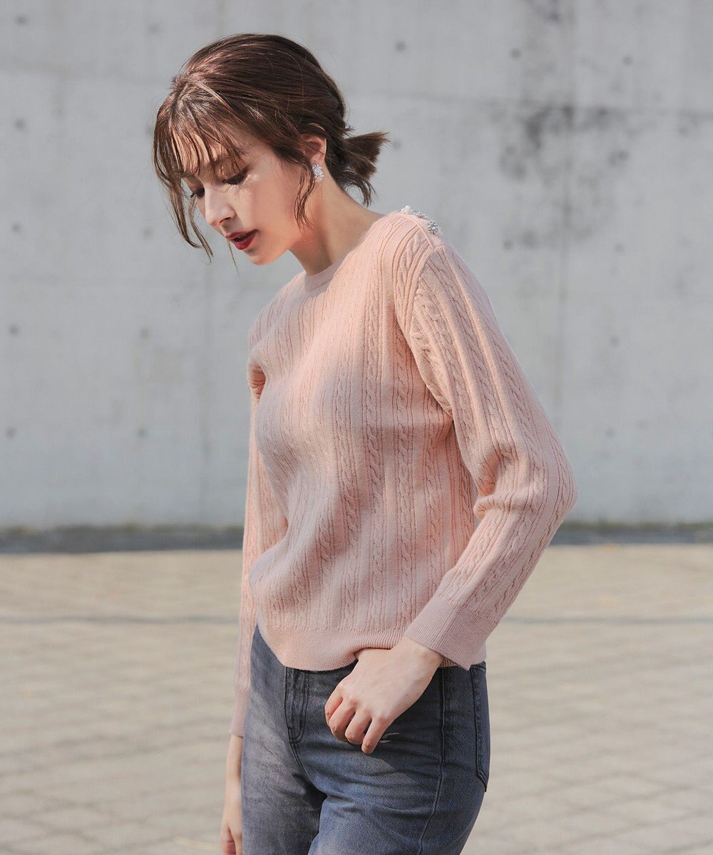 Tiaclasse L 【洗える】肩ボタンケーブルニットトップス 