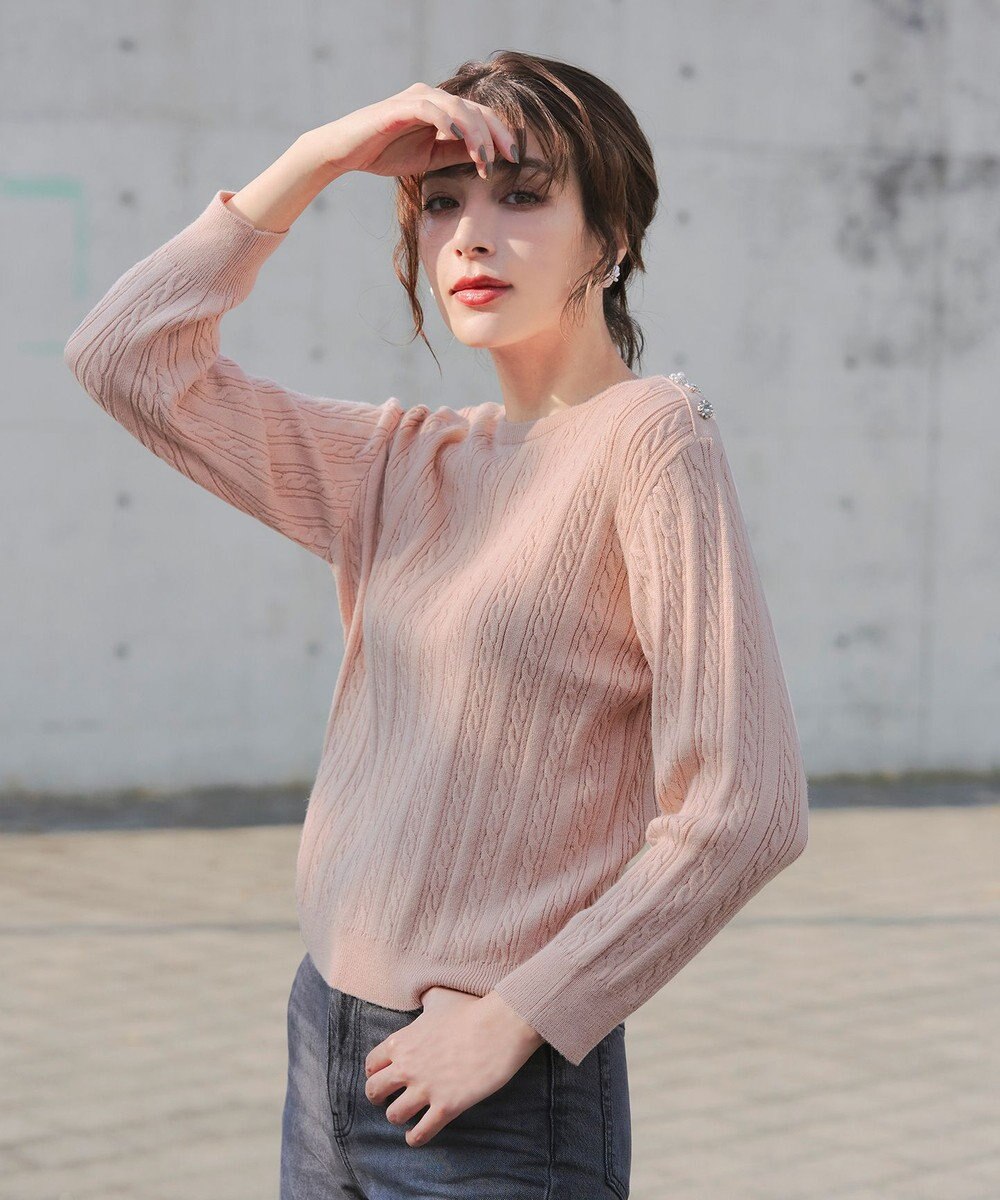 Tiaclasse L 【洗える】肩ボタンケーブルニットトップス 