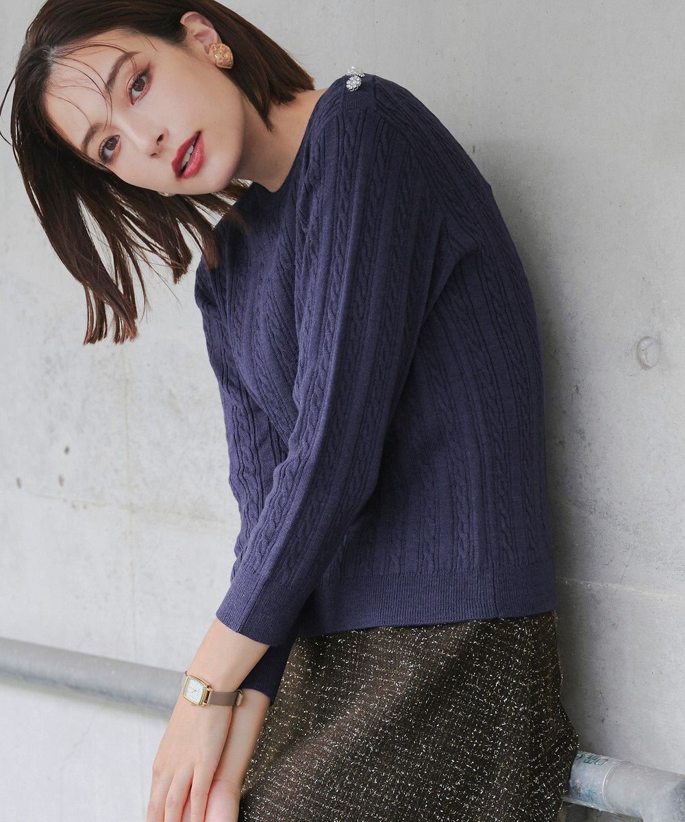 Tiaclasse L 【洗える】肩ボタンケーブルニットトップス 