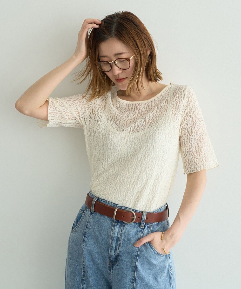 YECCA VECCA 5分袖レースシアートップス 