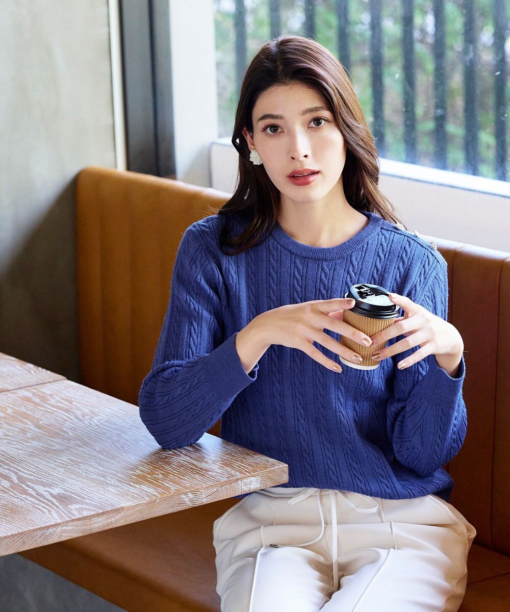 Tiaclasse L 【洗える】肩ボタンケーブルニットトップス 