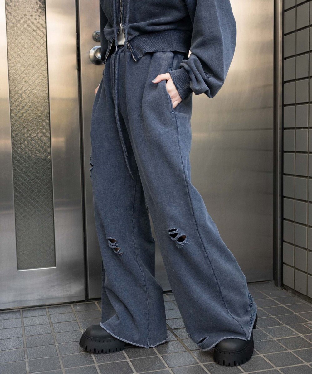 WEGO 【ウエストゴム】ダメージスウェットワイドパンツ 