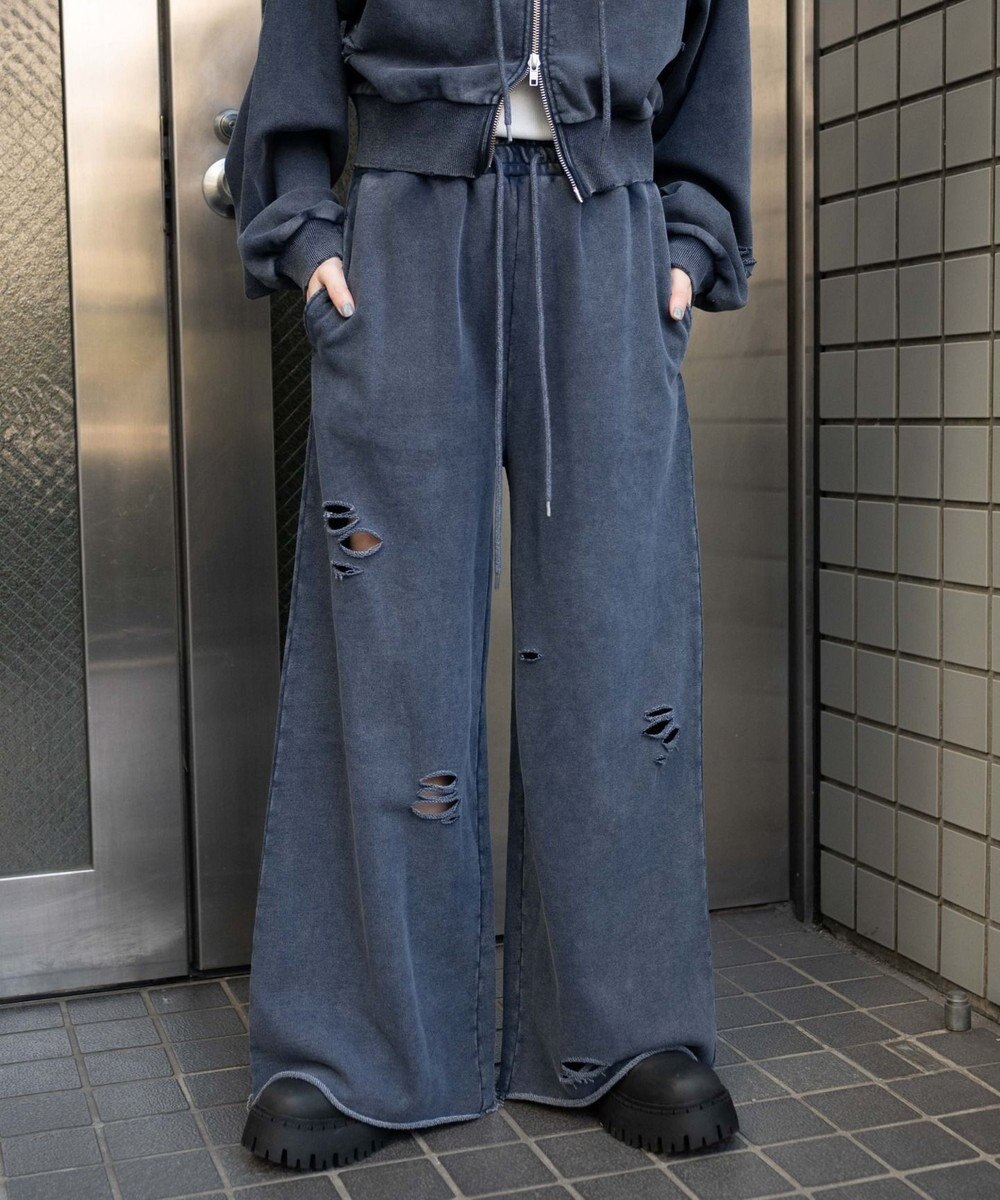 WEGO 【ウエストゴム】ダメージスウェットワイドパンツ 