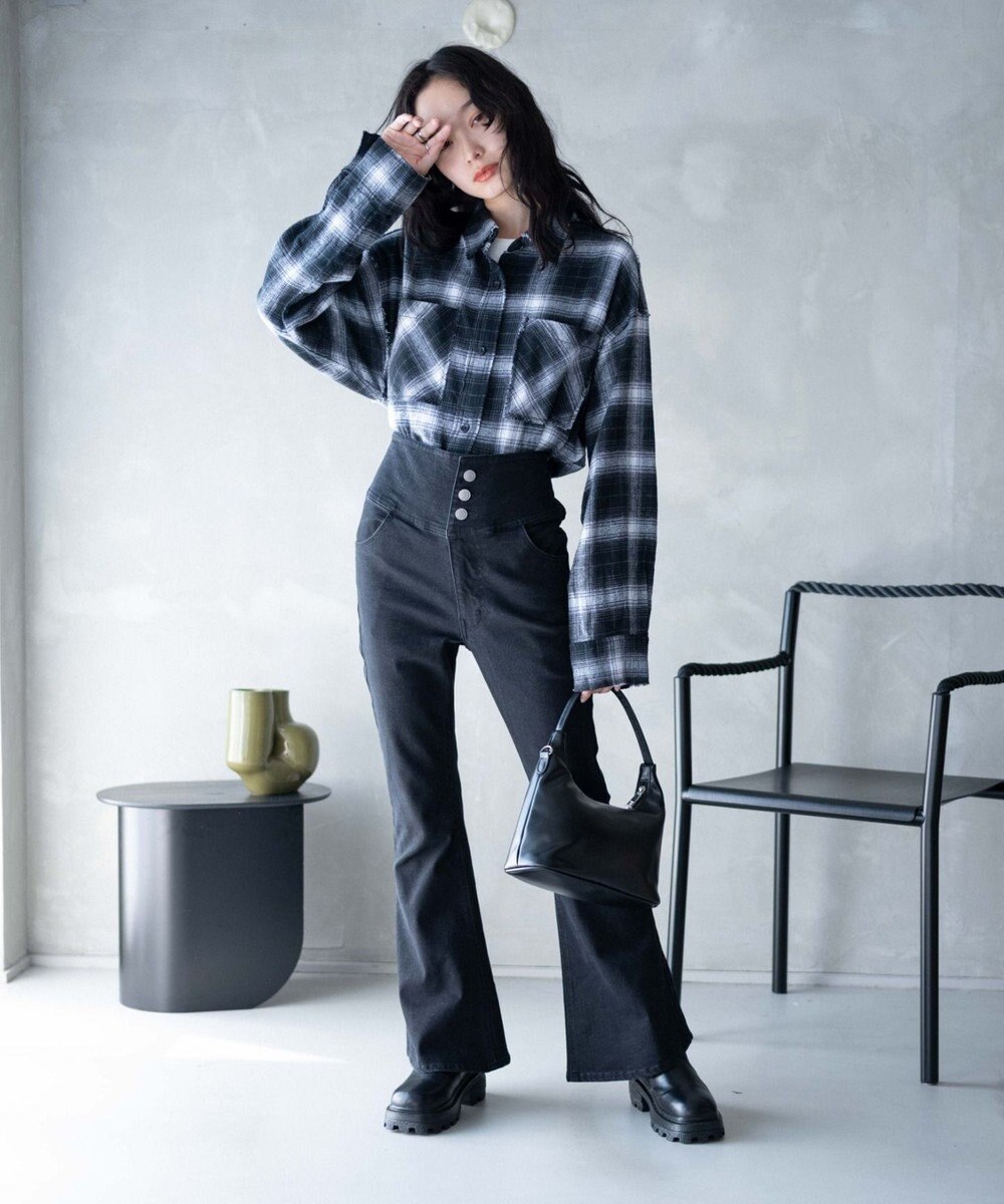 WEGO ハイウエストストレッチデニムフレアパンツ 