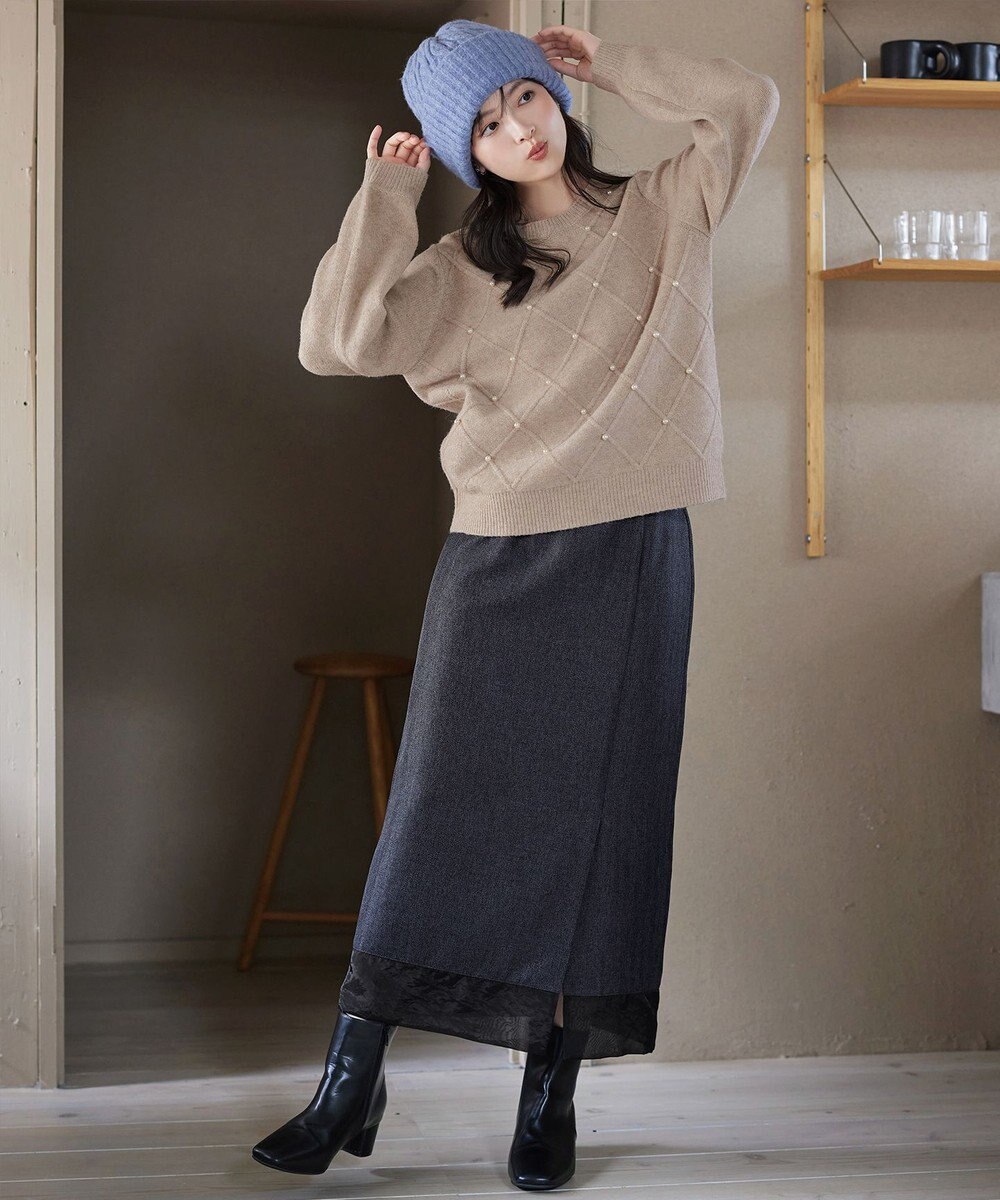 Tiaclasse ダイヤ柄パール付きニットプルオーバー 