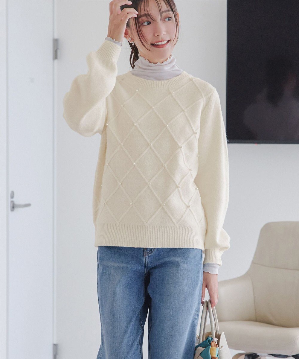 Tiaclasse ダイヤ柄パール付きニットプルオーバー 