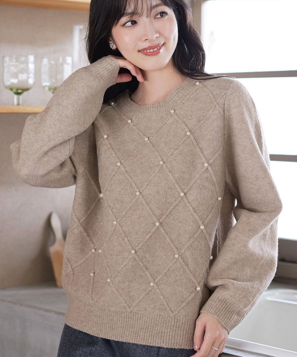 Tiaclasse ダイヤ柄パール付きニットプルオーバー 