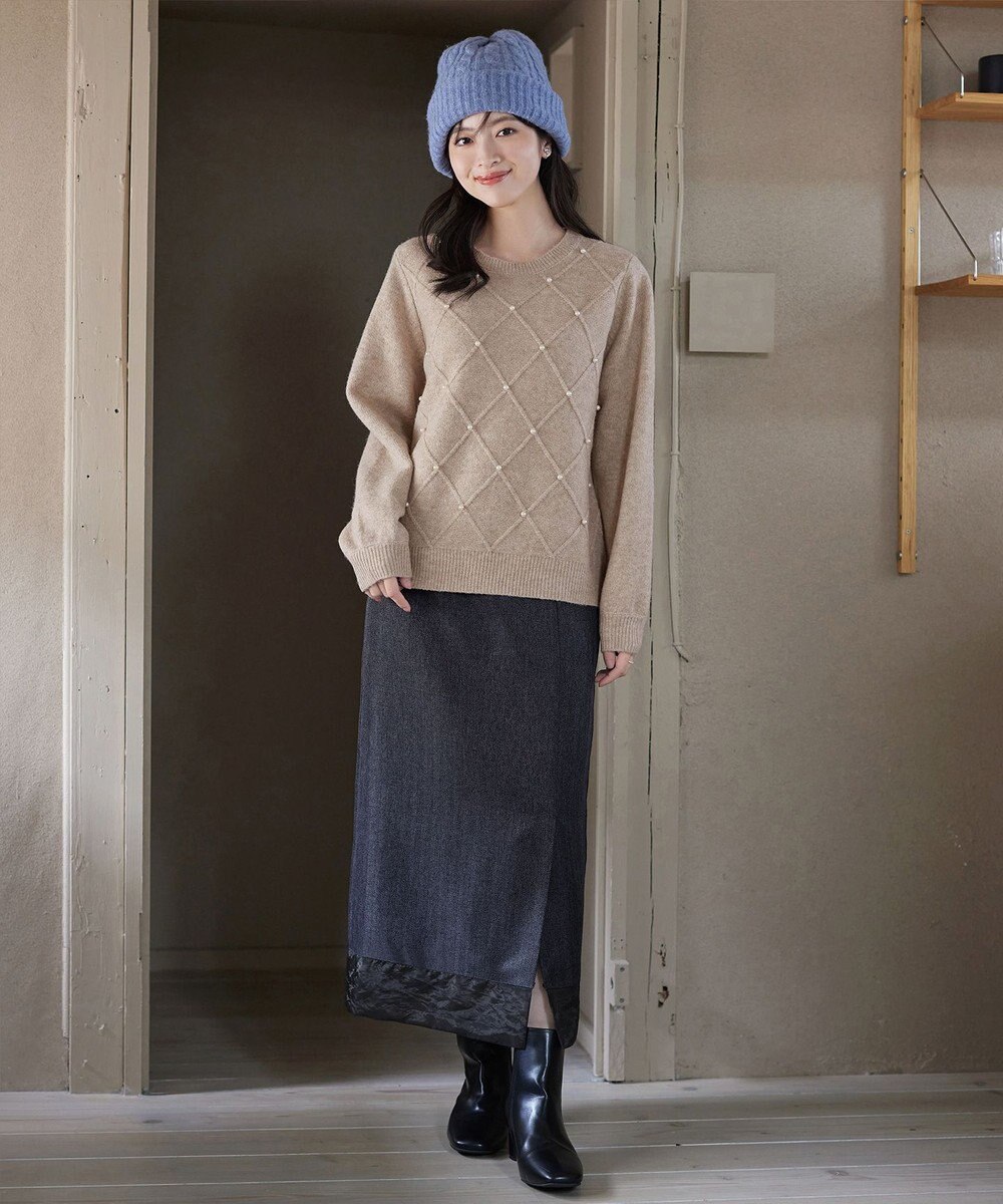 Tiaclasse ダイヤ柄パール付きニットプルオーバー 