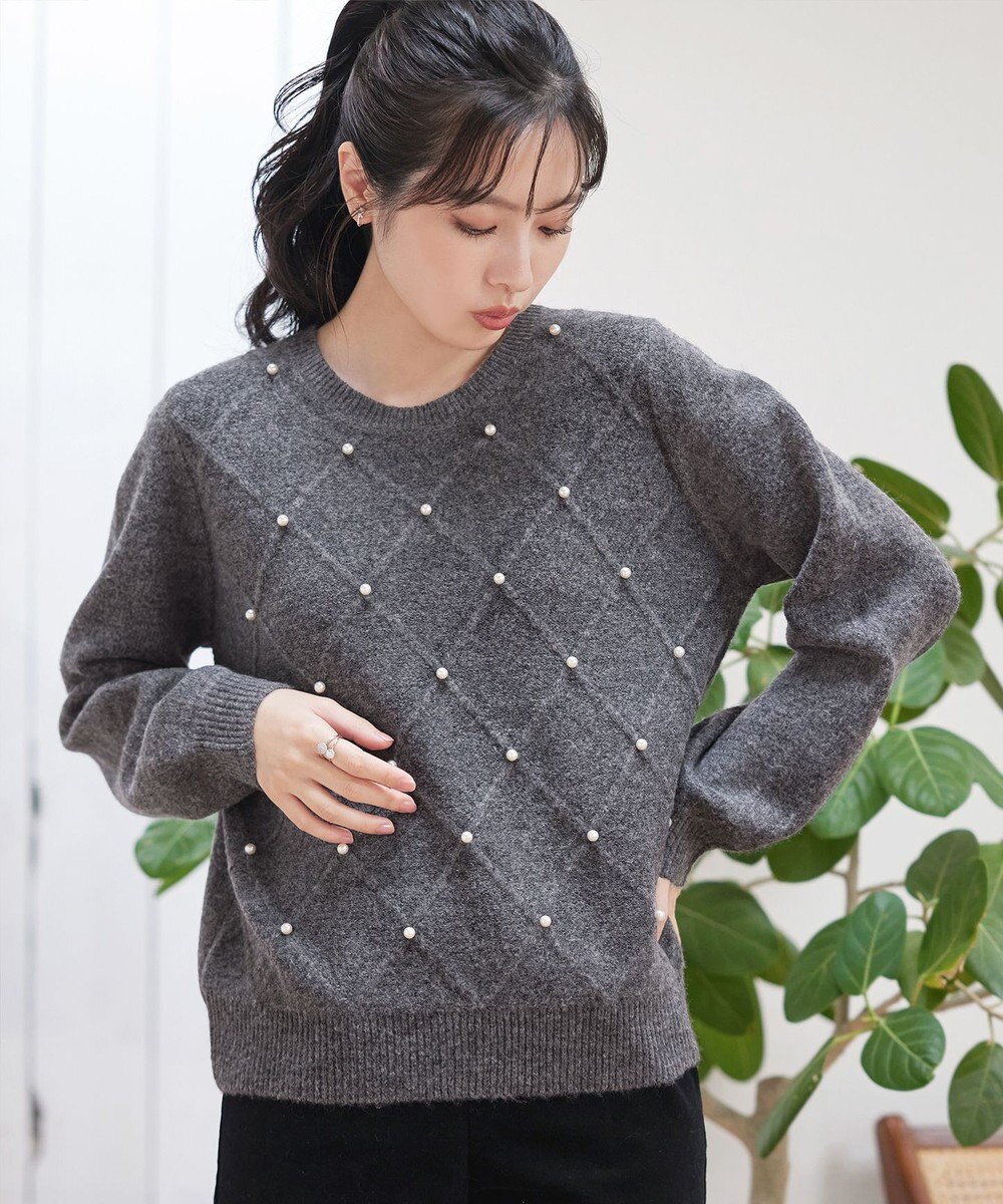 Tiaclasse ダイヤ柄パール付きニットプルオーバー 