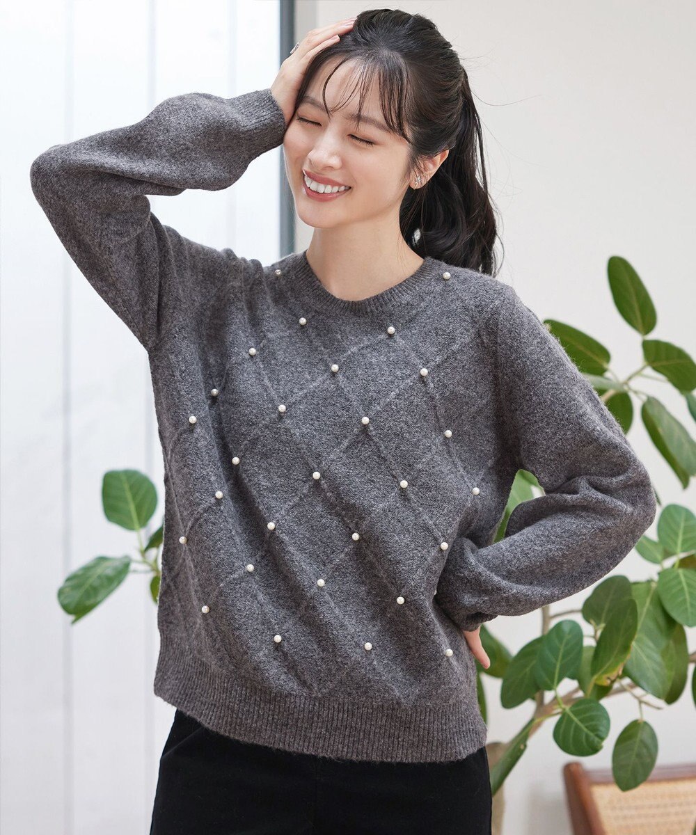 Tiaclasse ダイヤ柄パール付きニットプルオーバー 