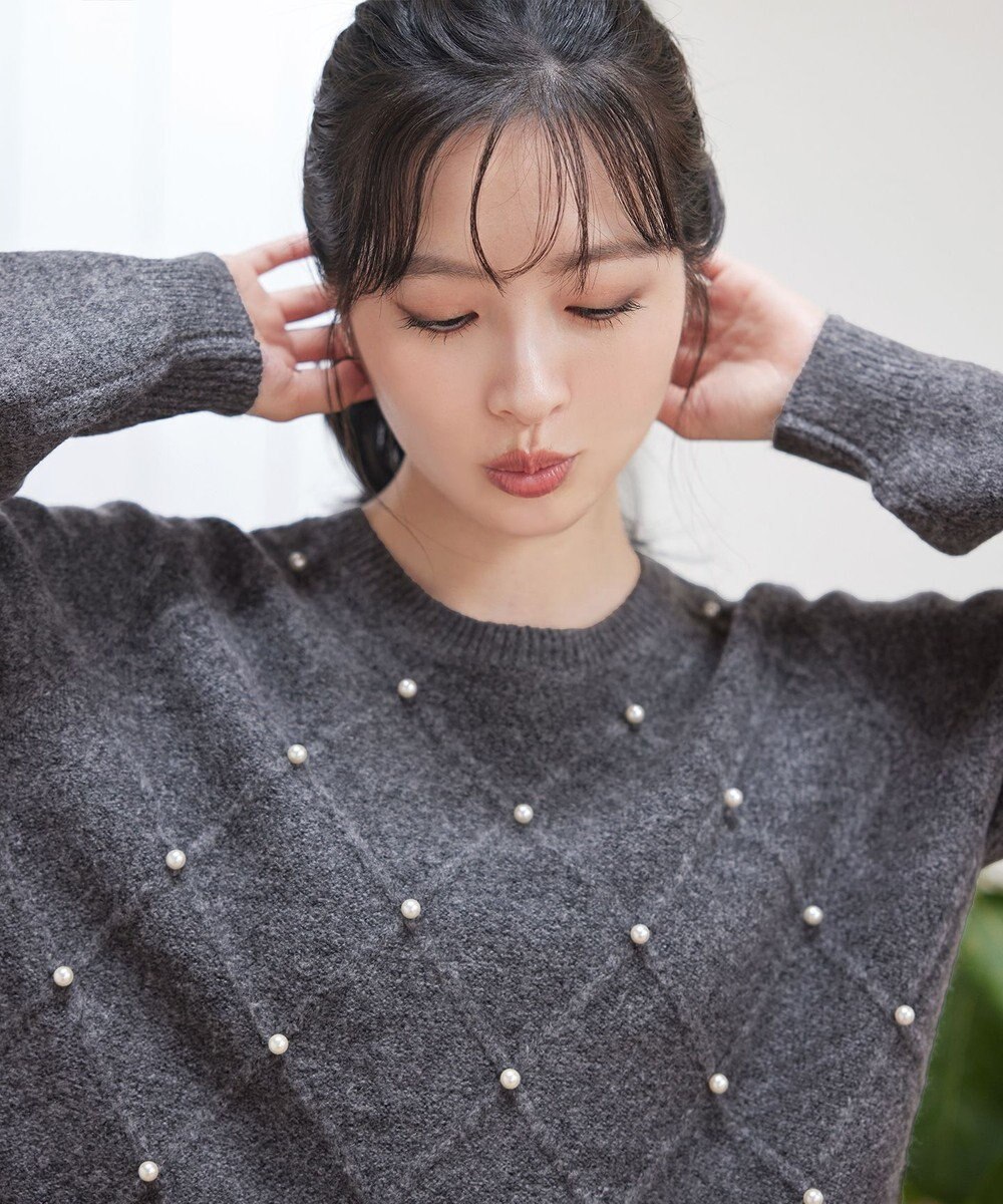 Tiaclasse ダイヤ柄パール付きニットプルオーバー 