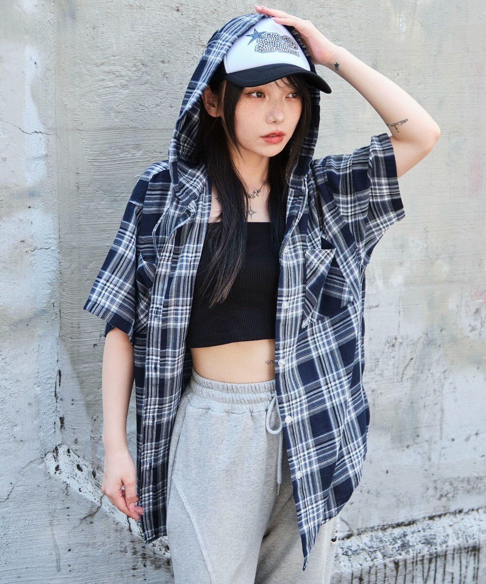 WEGO フードチェックBIGシャツ（S） 