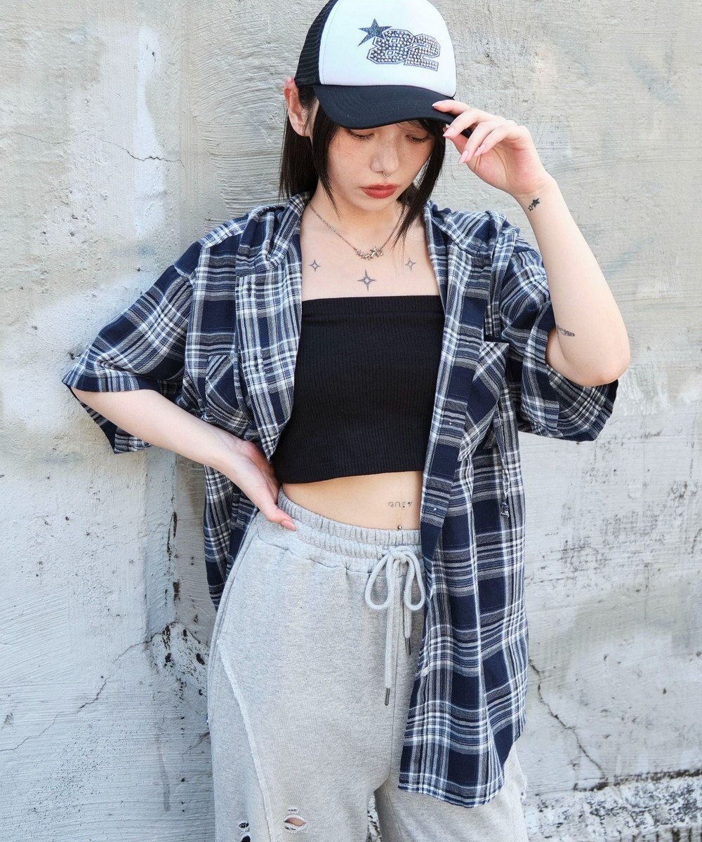 WEGO フードチェックBIGシャツ（S） 