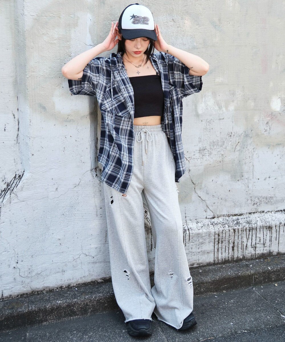 WEGO フードチェックBIGシャツ（S） 