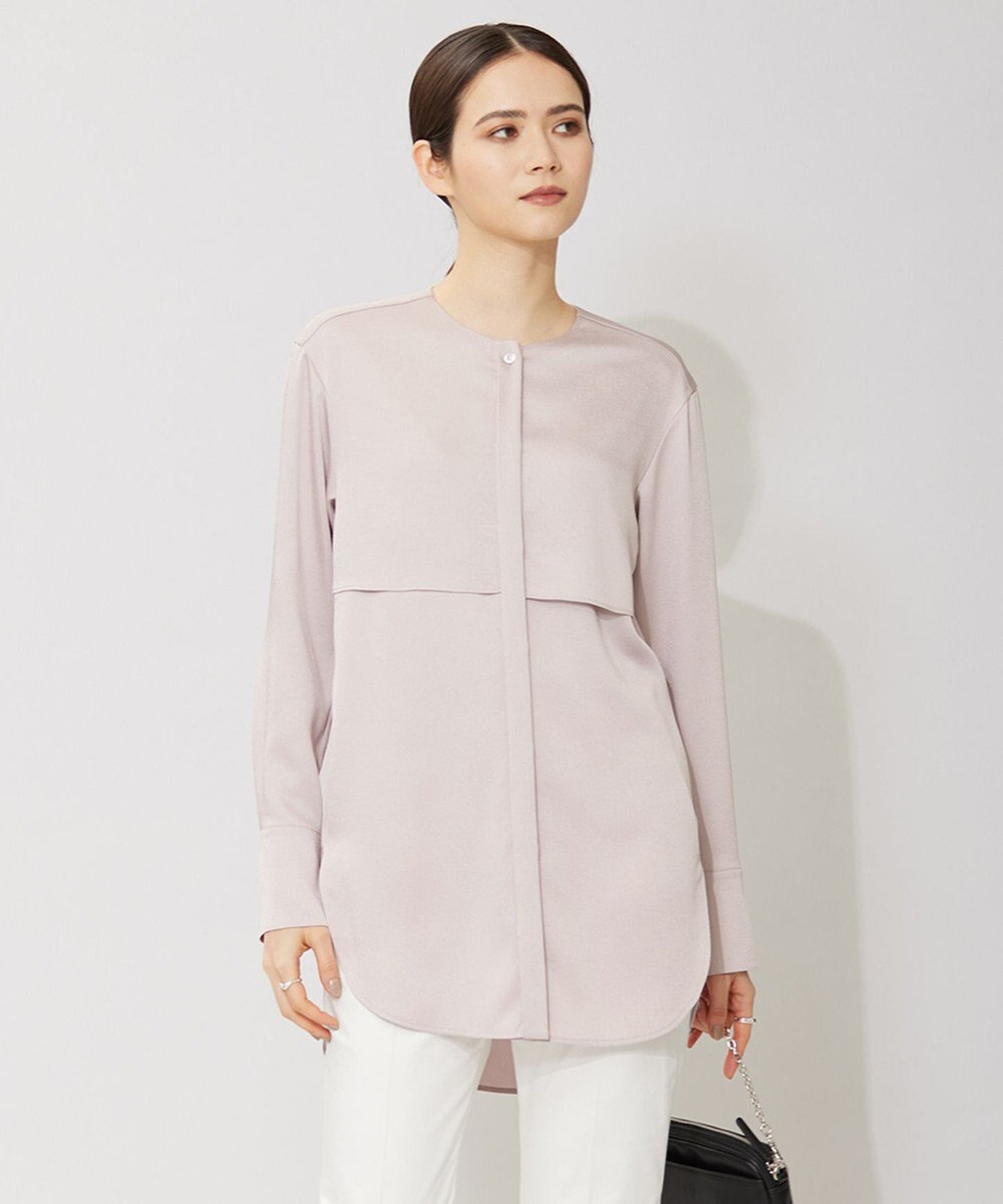 ICB 【洗える】 サテンクレープ ノーカラーブラウス 