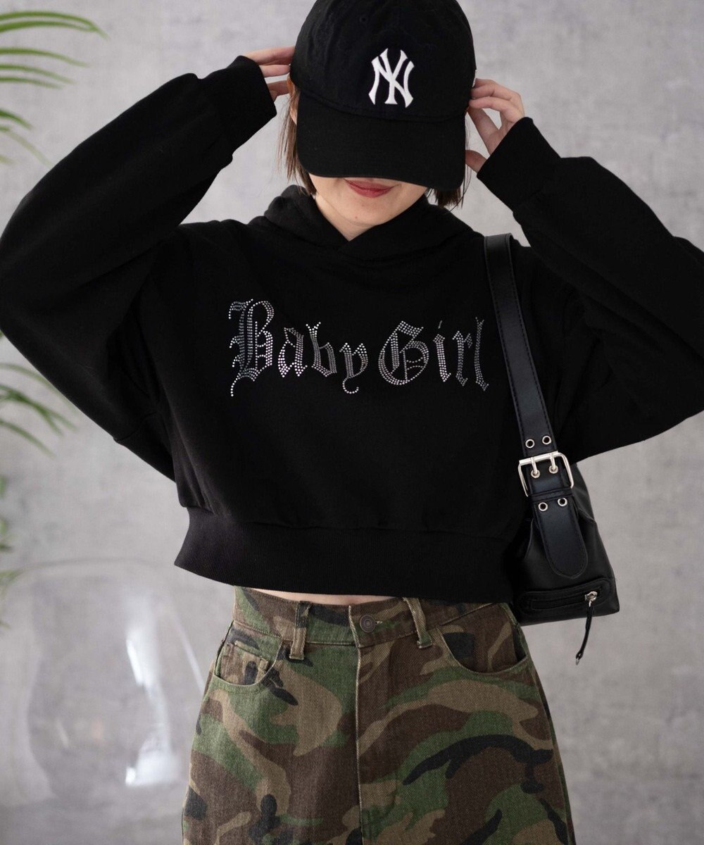 WEGO ラインストーンショートプルパーカー 