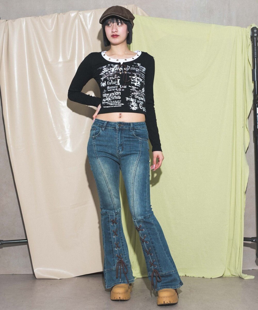 WEGO レースアップストレッチフレアデニム 