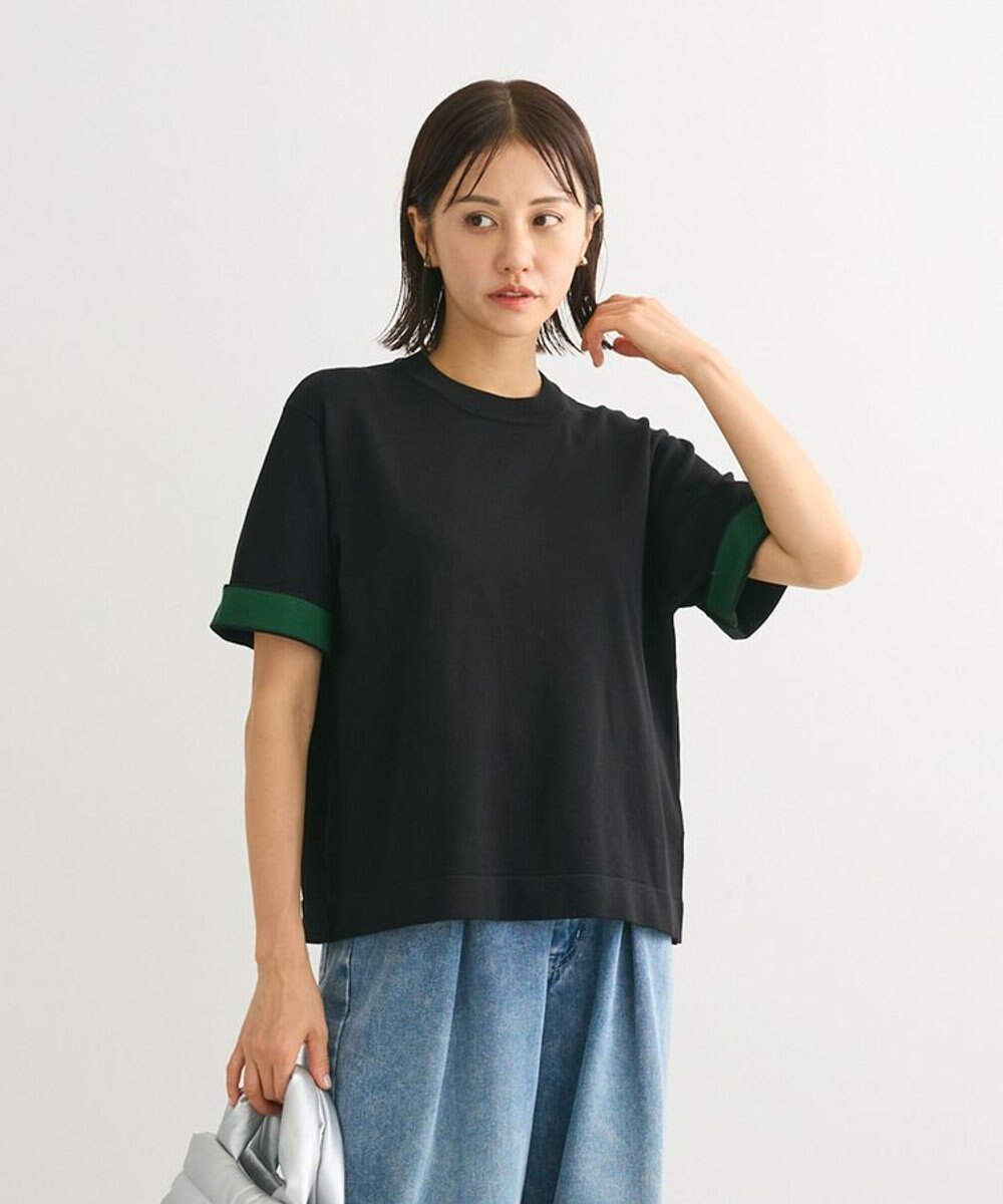 Green Parks 袖裏配色５分袖ニットプルオーバー 