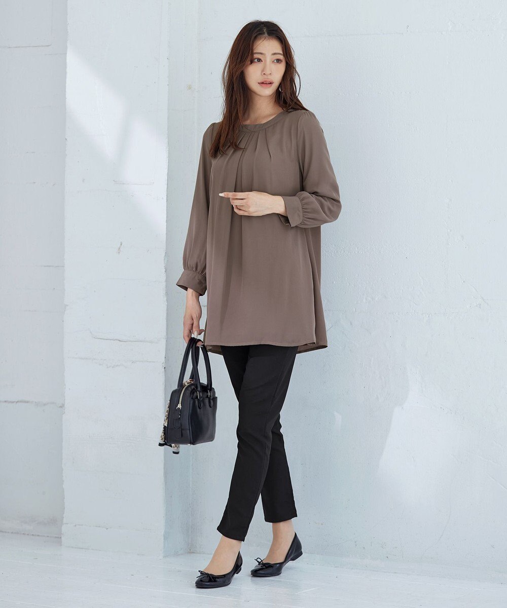 Tiaclasse L 【新色追加・洗える】裏起毛ジョーゼット胸元タックチュニックブラウス 