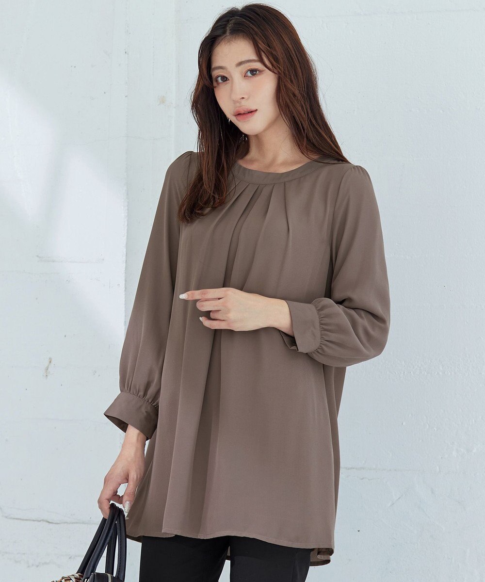 Tiaclasse L 【新色追加・洗える】裏起毛ジョーゼット胸元タックチュニックブラウス 