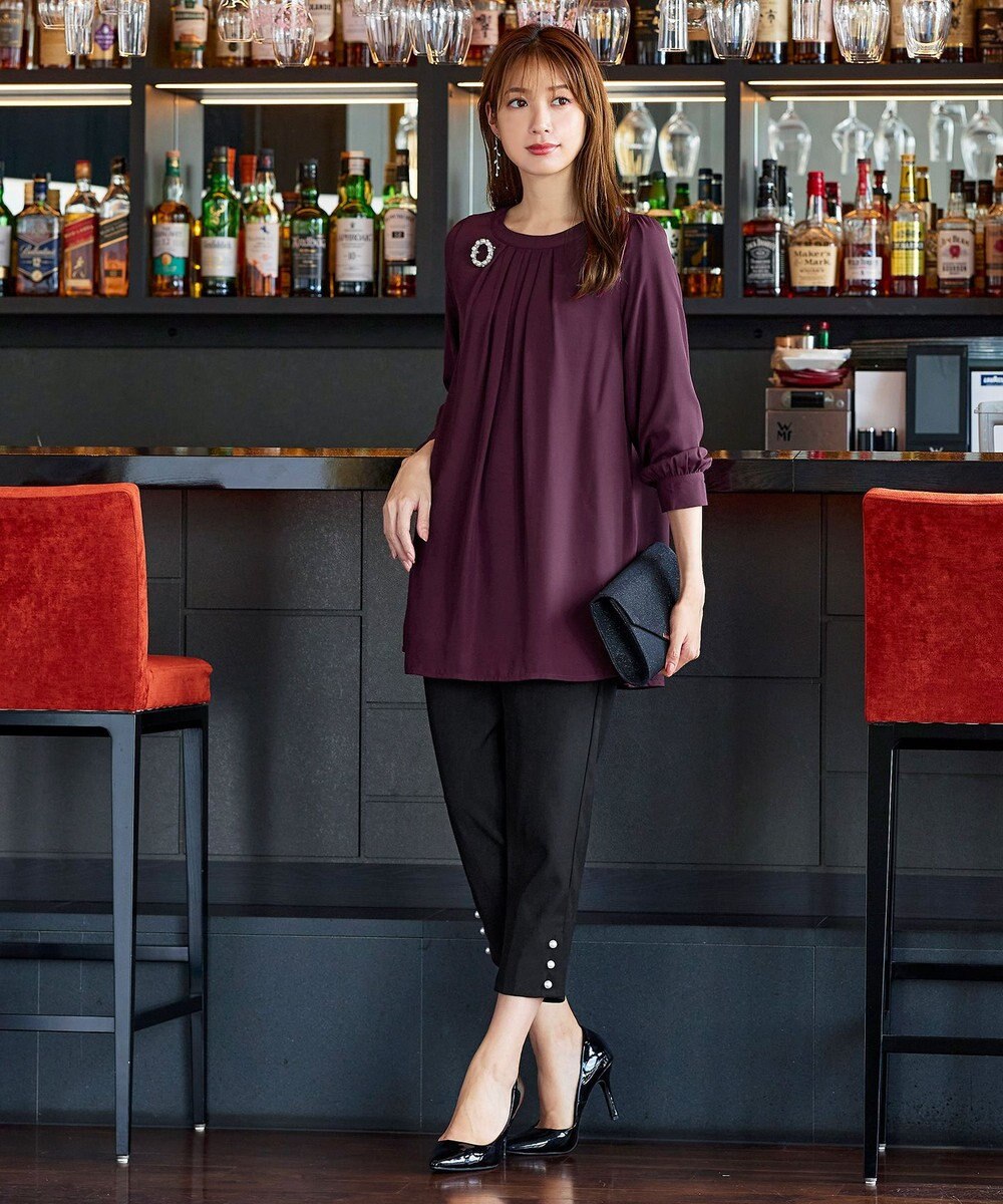 Tiaclasse L 【新色追加・洗える】裏起毛ジョーゼット胸元タックチュニックブラウス 