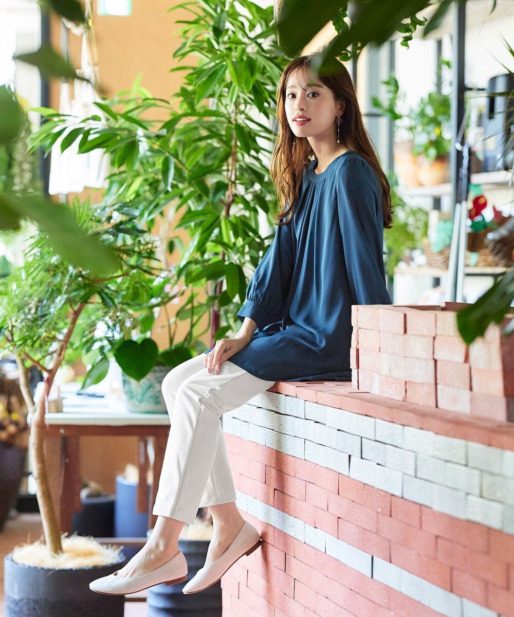 Tiaclasse L 【新色追加・洗える】裏起毛ジョーゼット胸元タックチュニックブラウス 