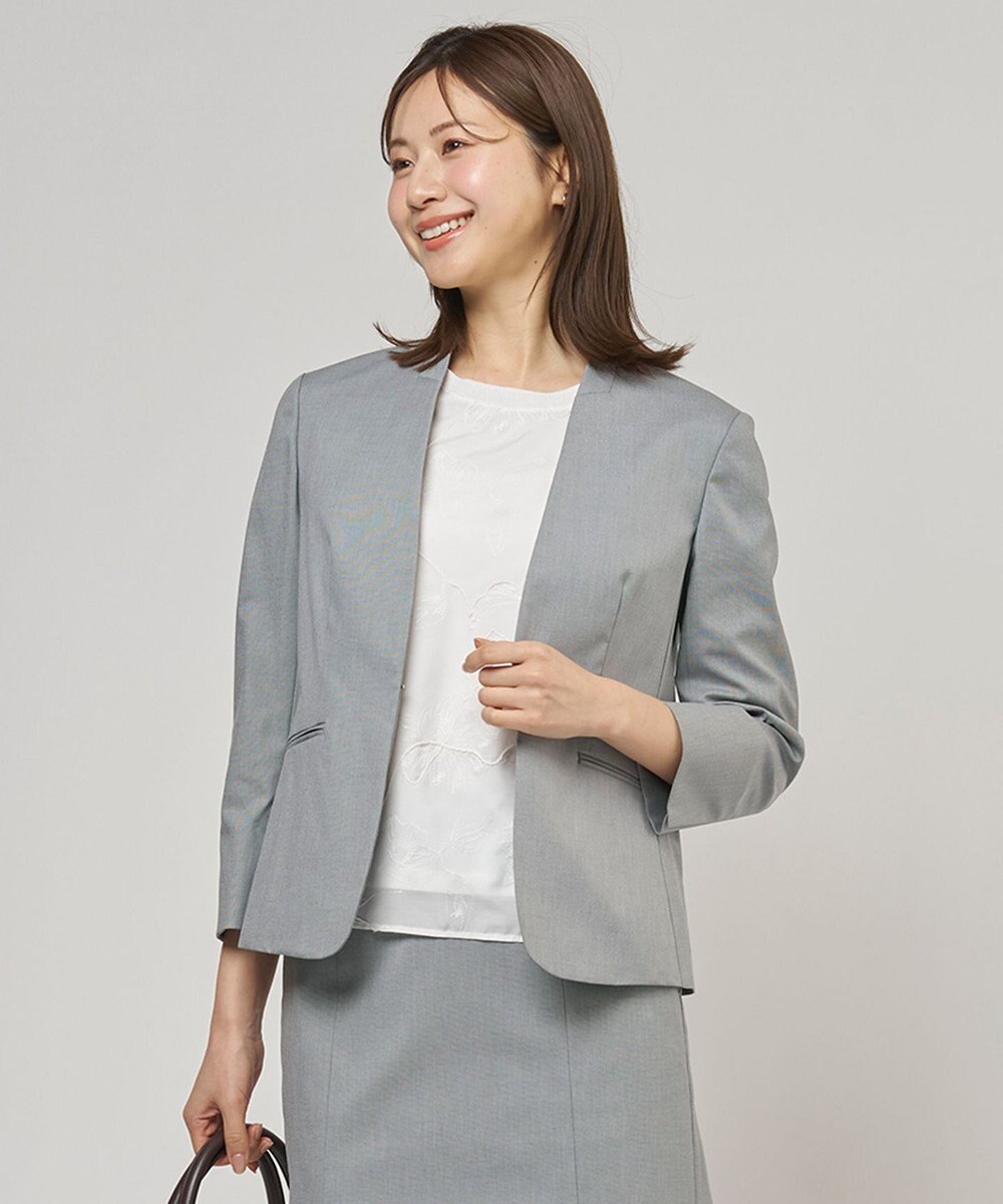 J.PRESS LADIES 【セットアップ対応・洗える・撥水】コットンFITTY ノーカラー ジャケット 