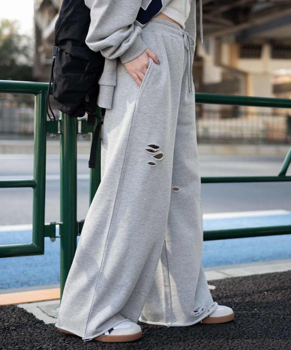 WEGO 【ウエストゴム】ダメージスウェットワイドパンツ 