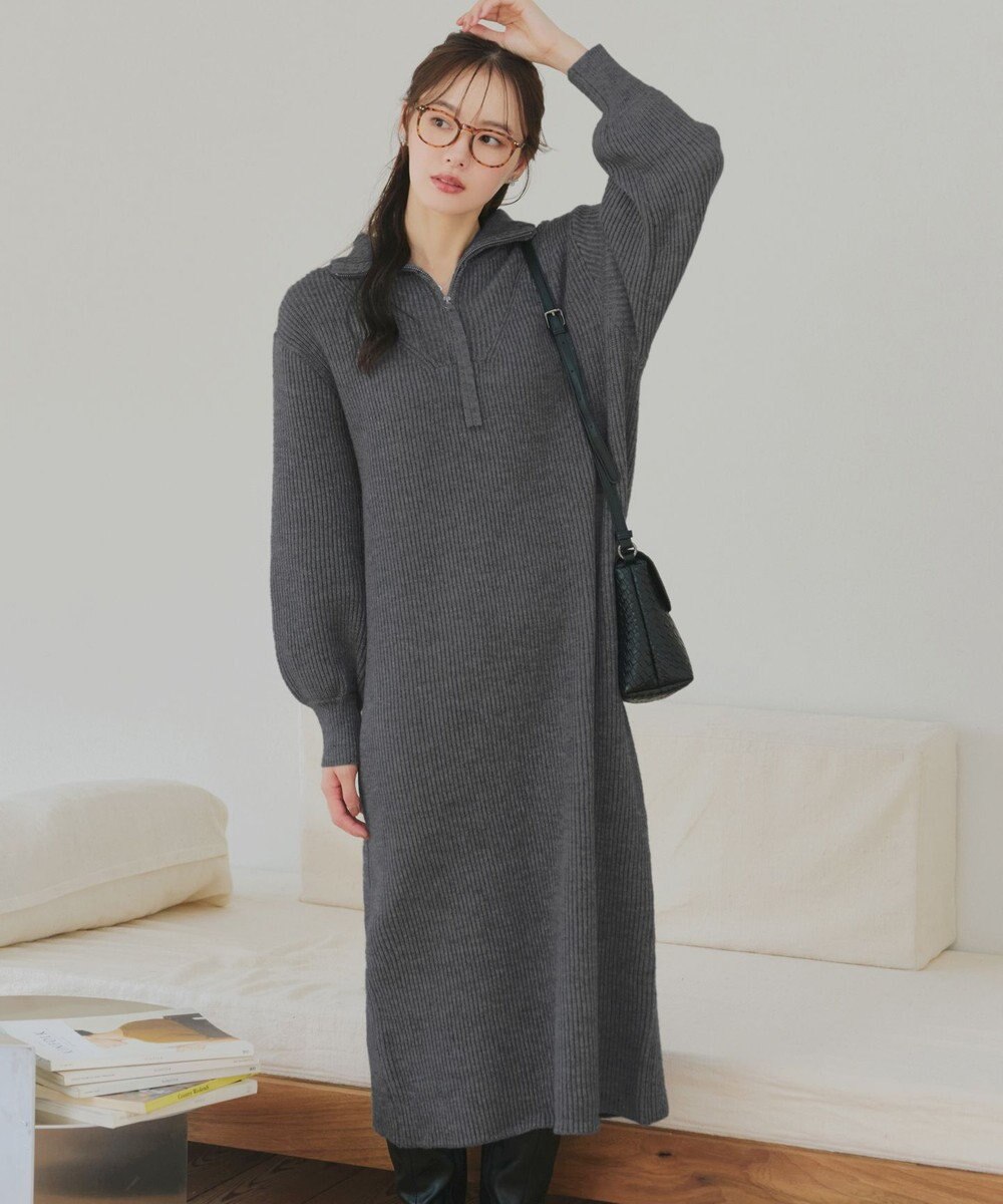 Tiaclasse 【洗える】ハーフジップリブニットワンピース 