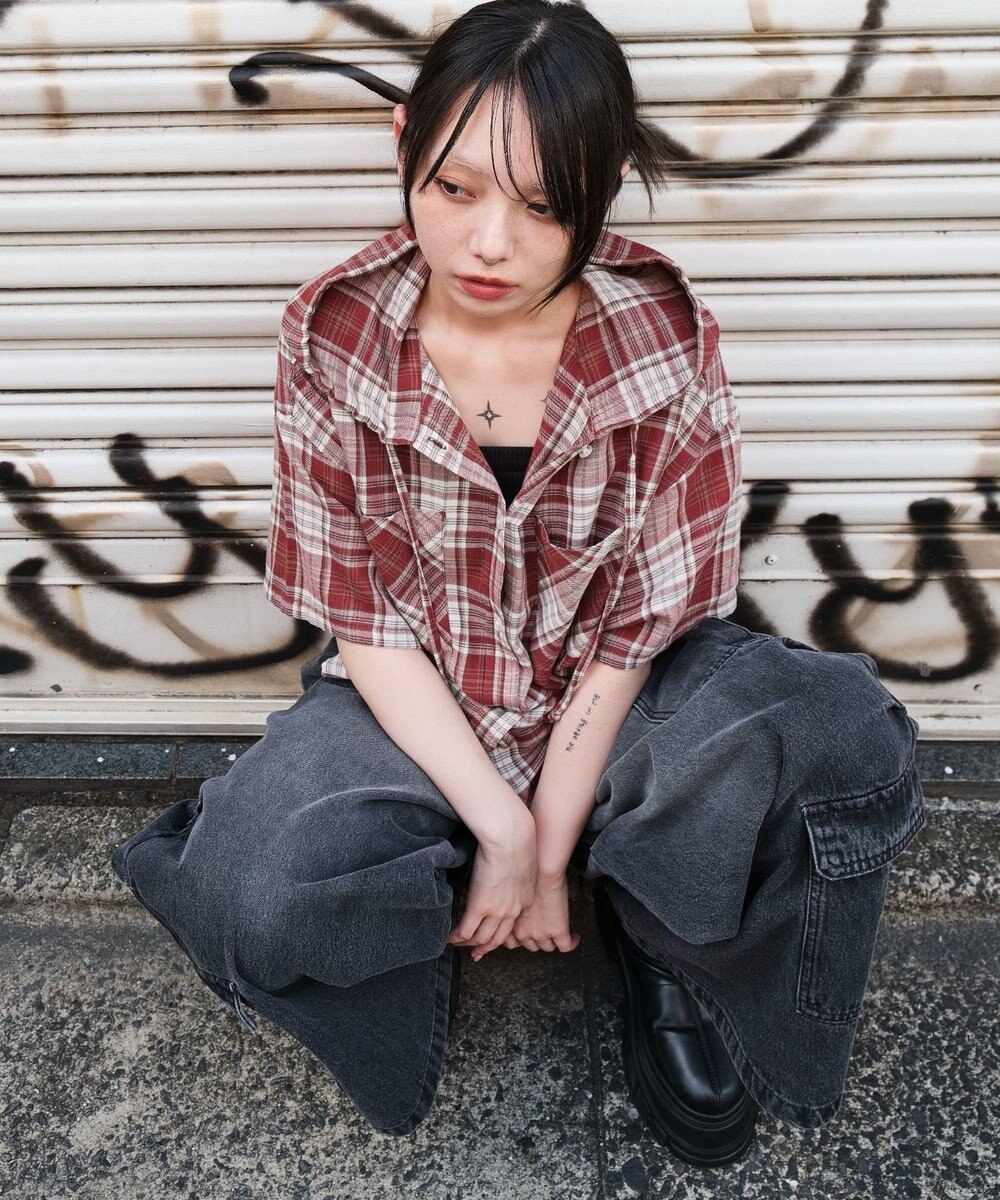 WEGO フードチェックBIGシャツ（S） 