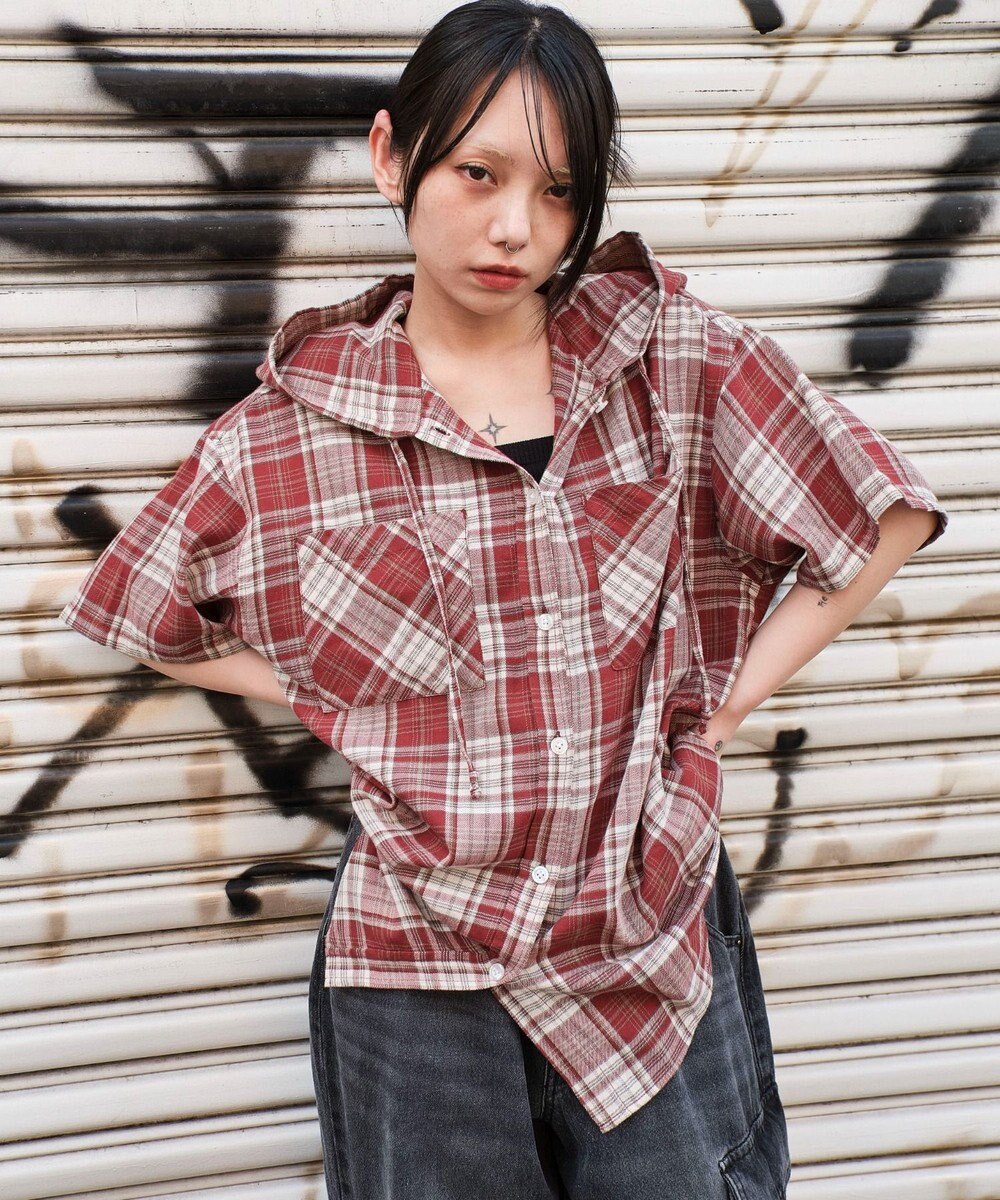 WEGO フードチェックBIGシャツ（S） 