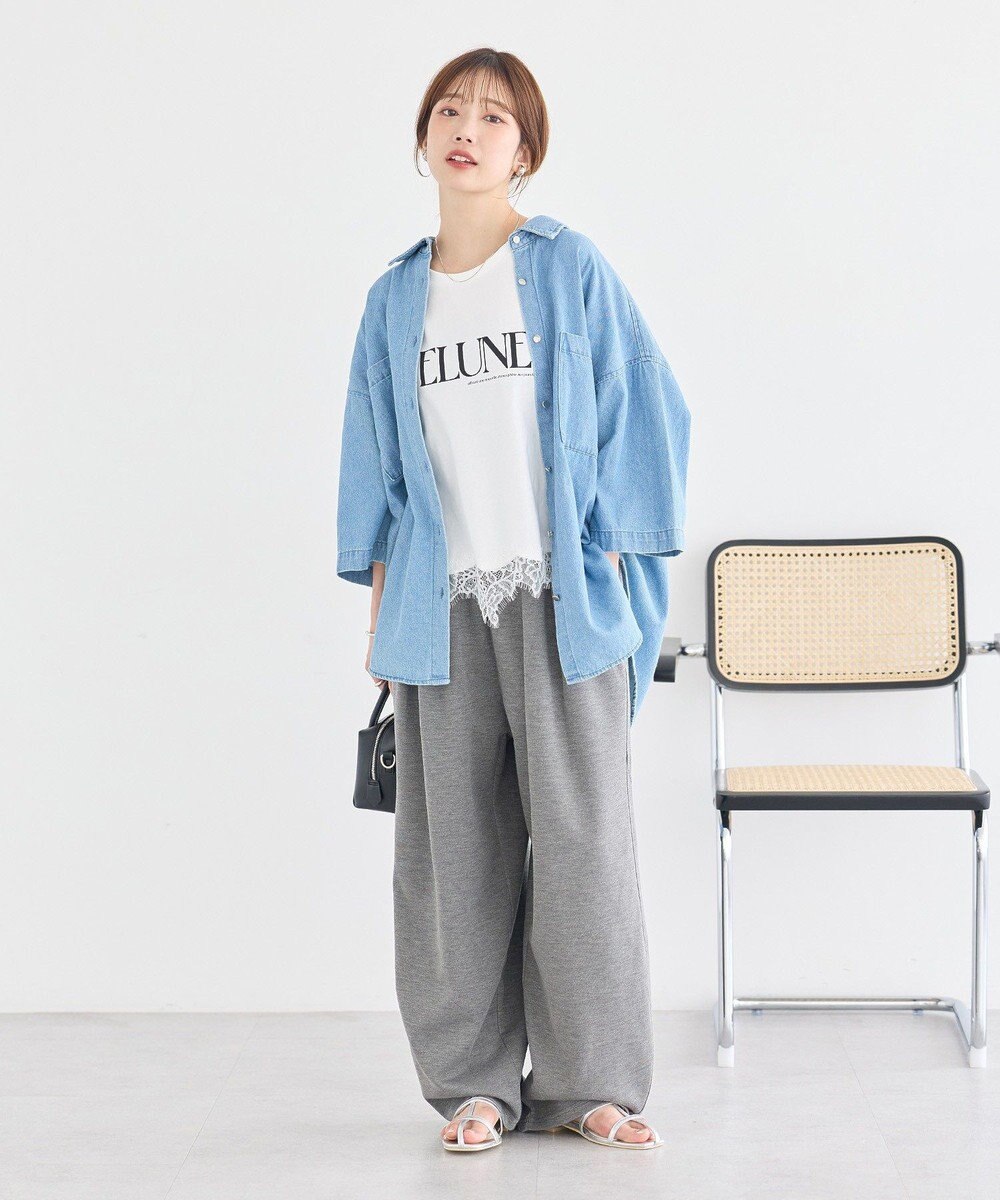 earth music&ecology 裾レースロゴプリントTシャツ 
