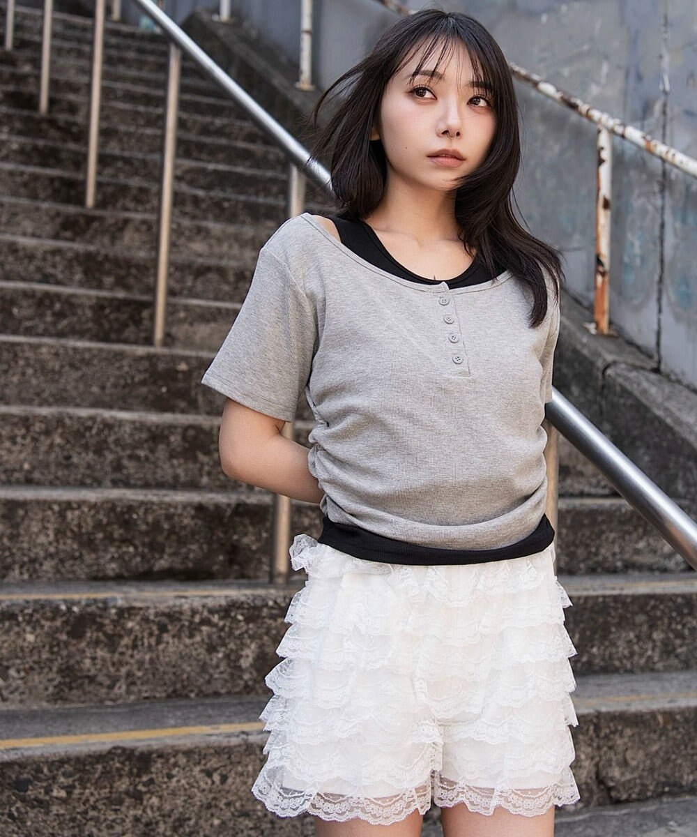 WEGO レイヤードキーネック半袖T 