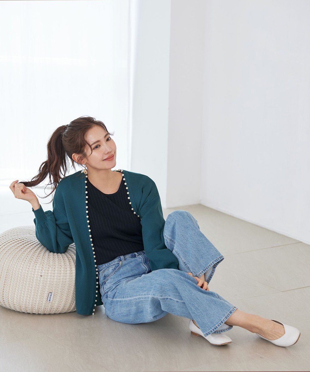 Tiaclasse 【洗える】パール付きパフスリーブカーディガン 