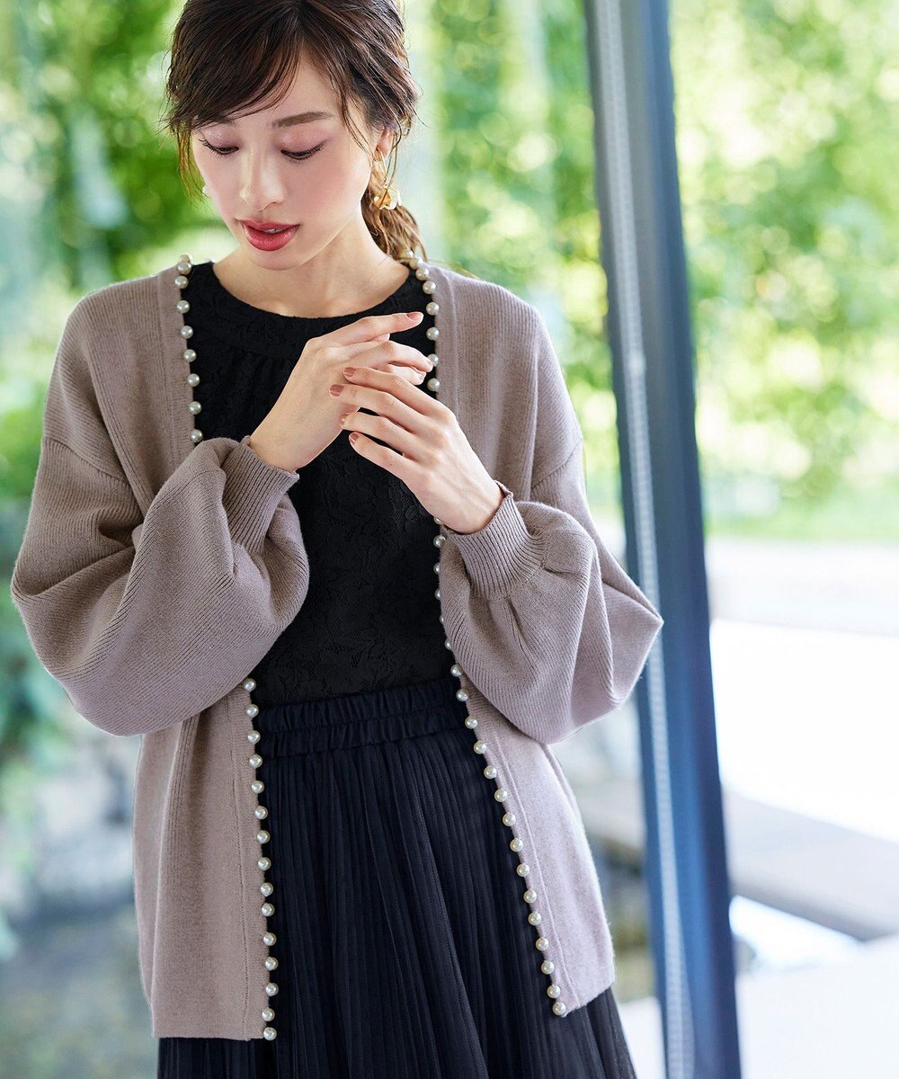 Tiaclasse 【洗える】パール付きパフスリーブカーディガン 