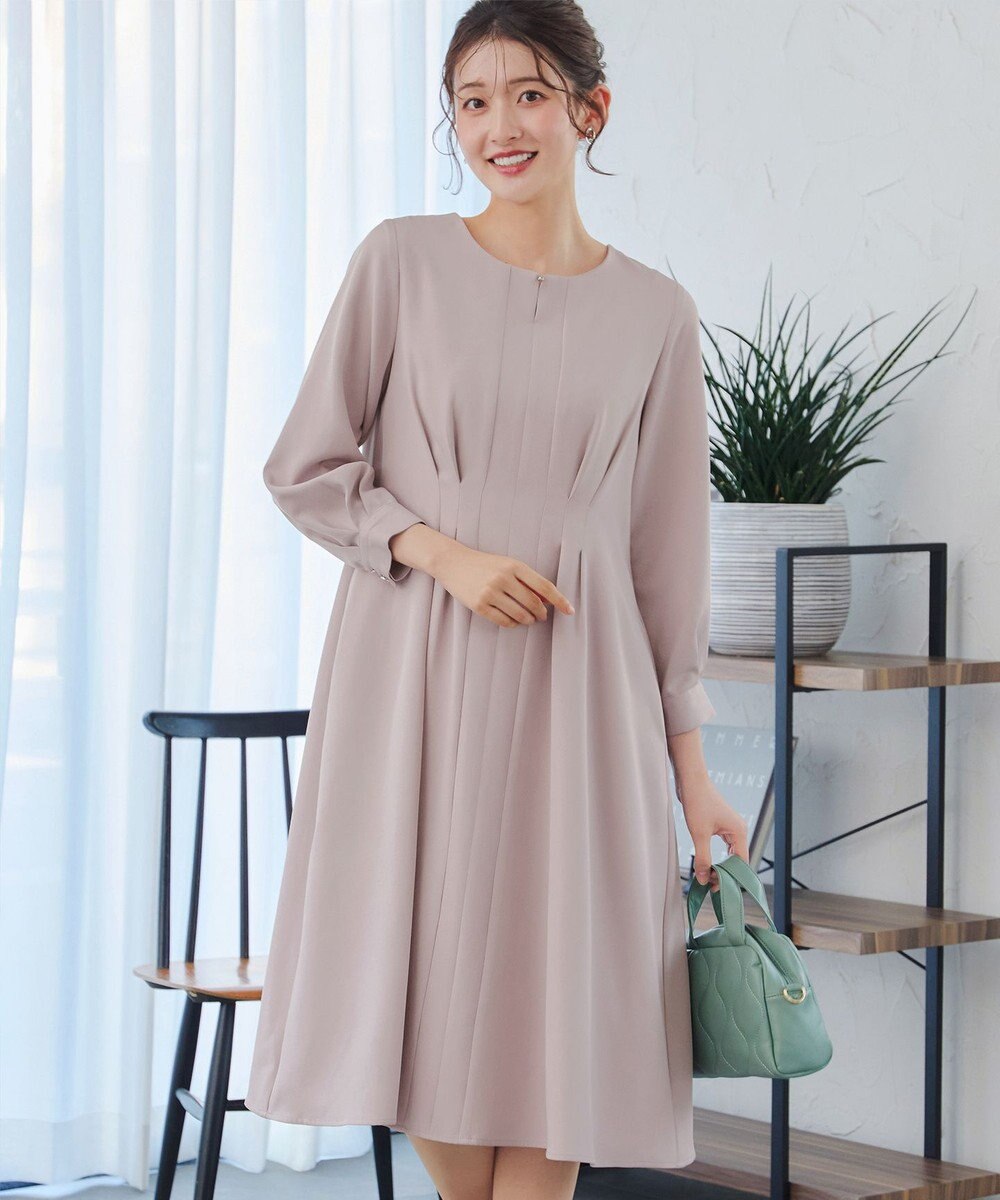 Tiaclasse 【洗える】ビジュー付きフロント切替タックワンピース 