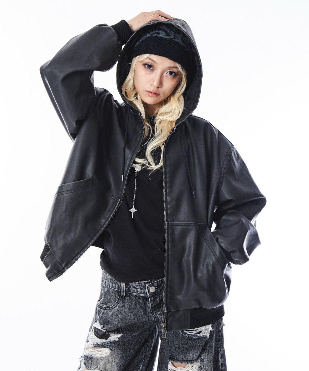 WEGO 【ユニセックス着用ITEM】PUフードブルゾン 