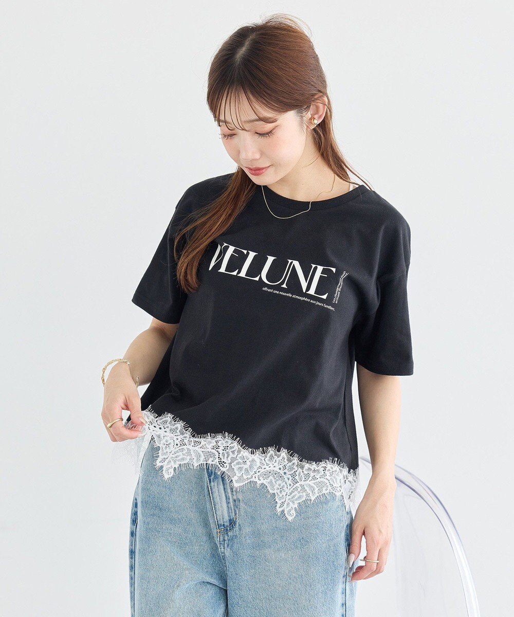 earth music&ecology 裾レースロゴプリントTシャツ 
