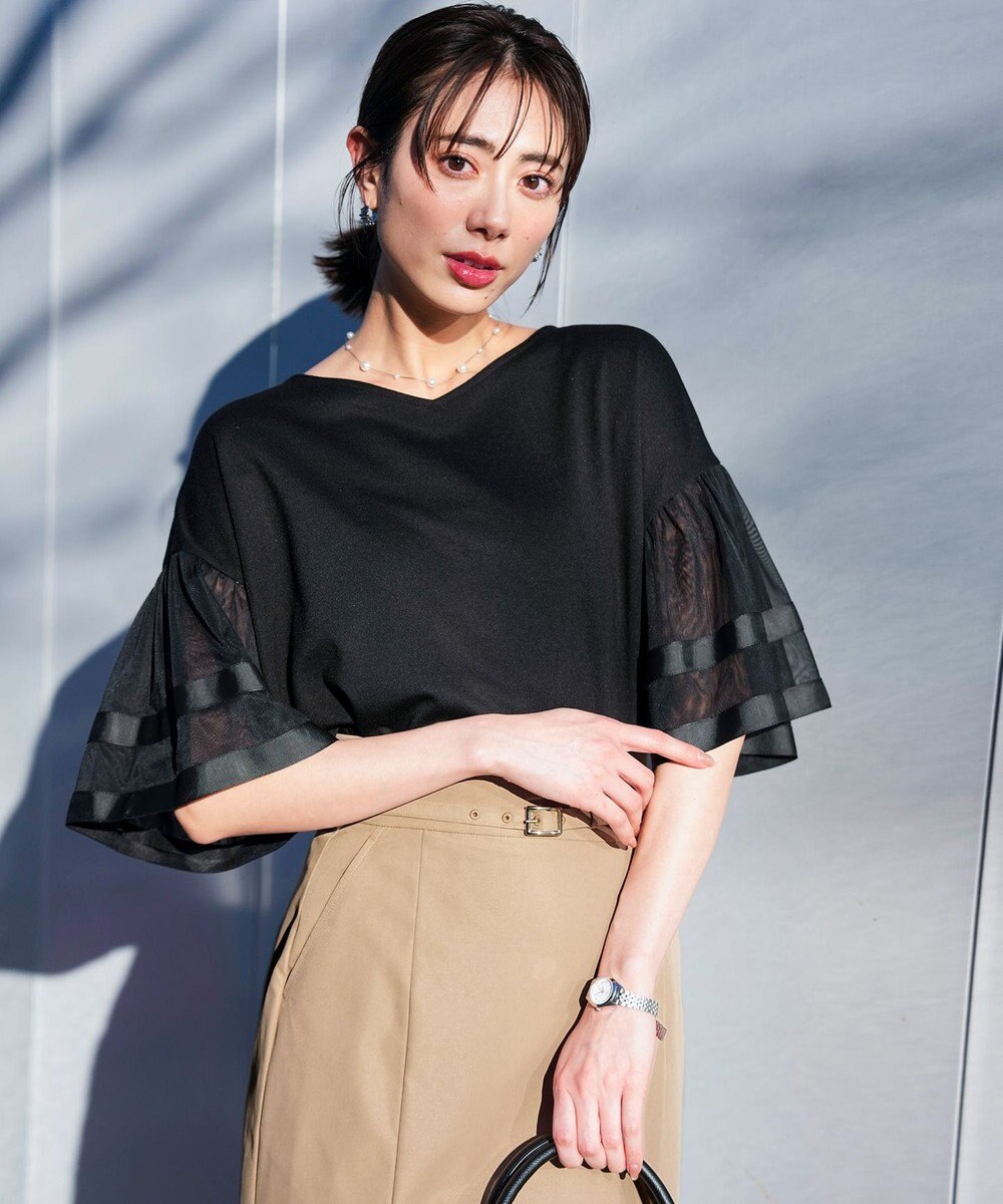 ANY SIS ゆるVネックチュールフリル袖 プルオーバー 