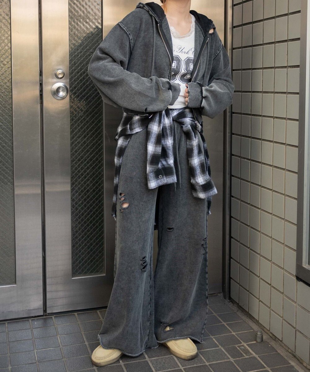 WEGO 【ウエストゴム】ダメージスウェットワイドパンツ 