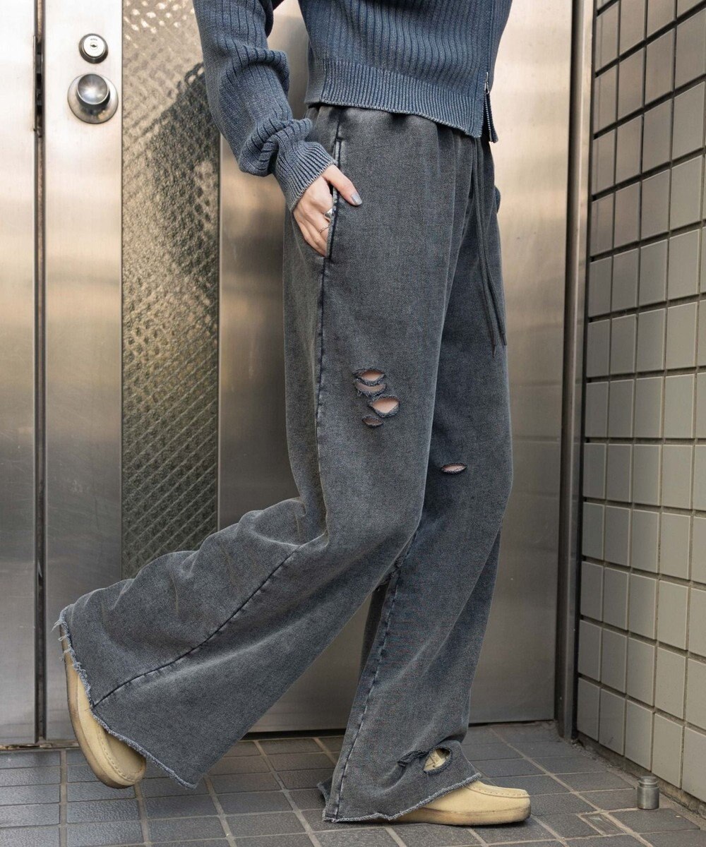 WEGO 【ウエストゴム】ダメージスウェットワイドパンツ 