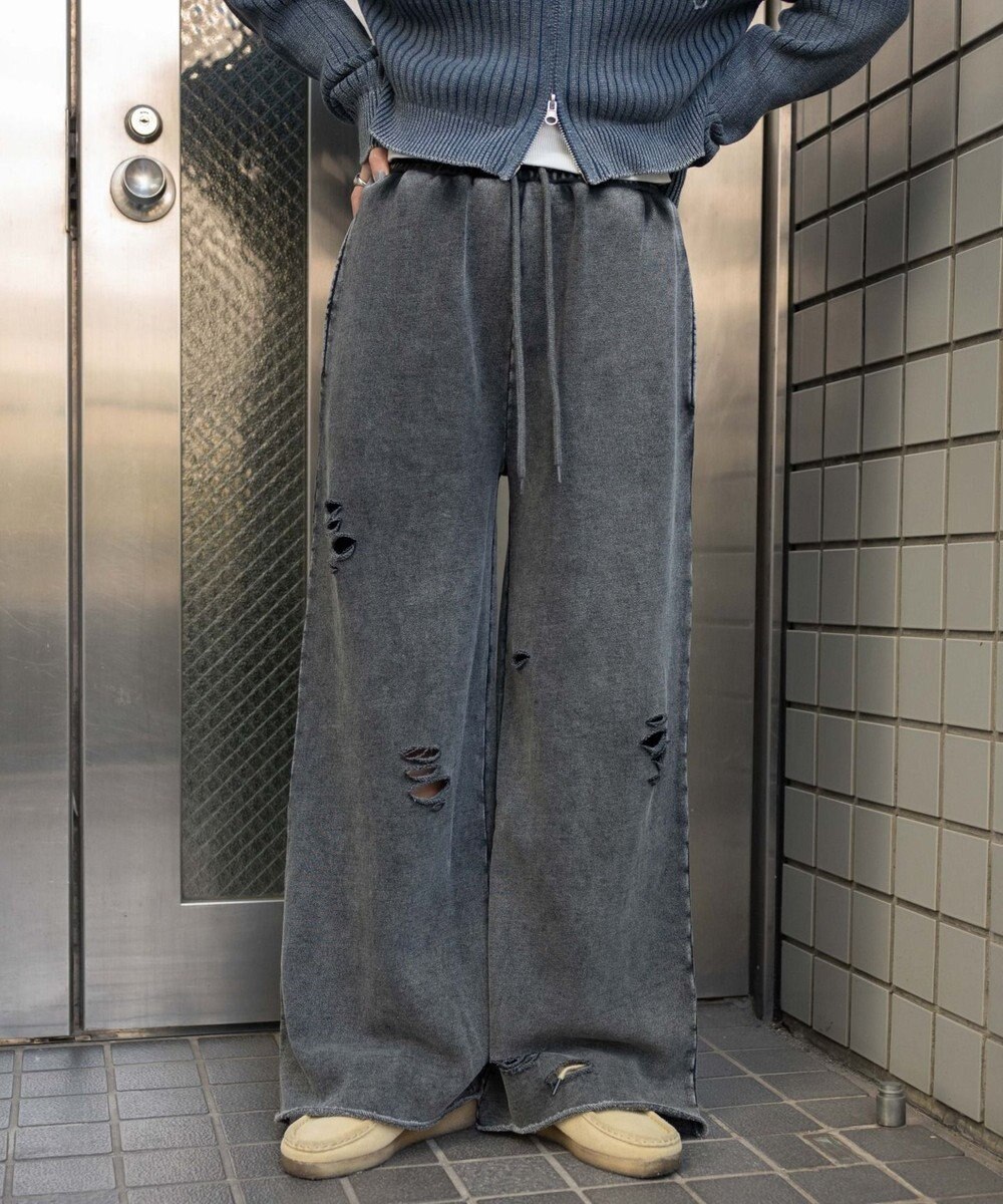 WEGO 【ウエストゴム】ダメージスウェットワイドパンツ 