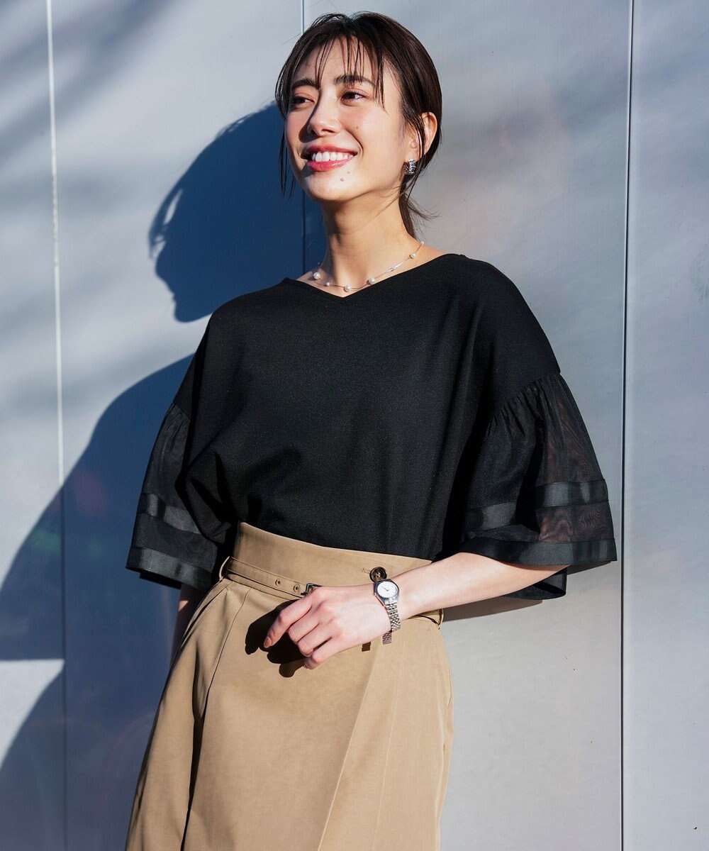 ANY SIS ゆるVネックチュールフリル袖 プルオーバー 