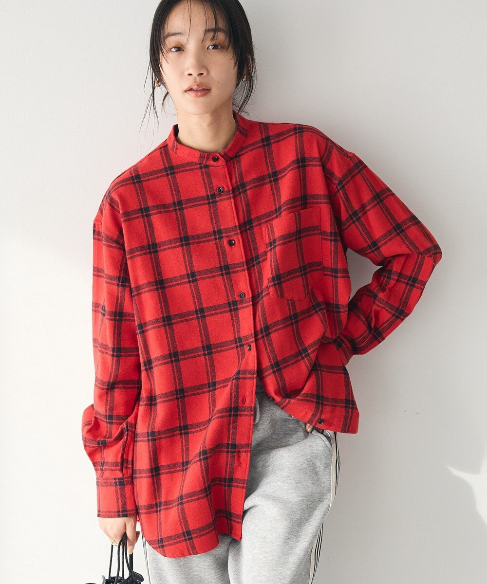 CRAFT STANDARD BOUTIQUE 綿ビエラ起毛バンドカラーシャツ Check Red