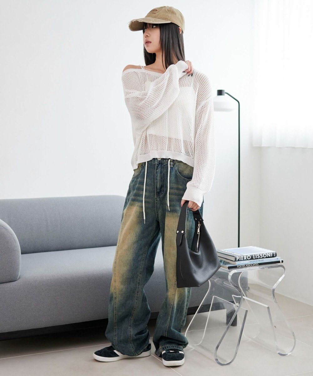 WEGO 2WAYオフショルメッシュニット 